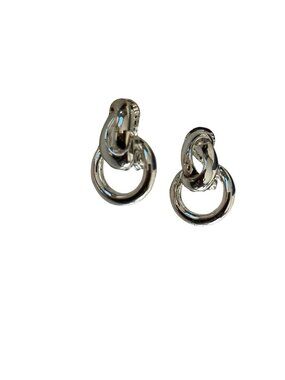 Vintage Silver Tone Double Link Clip-On Earrings Modern Minimalist Dangle